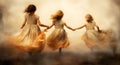 Dreamy, vintage watercolor of 3 girls running: freedom and innocence