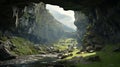 Dreamy Vray Mountain Scene: River Flowing In Tall Cave