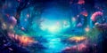 dreamy watercolor background with a blend of blues and purples, creating a mystical forest scene with fireflies and Royalty Free Stock Photo