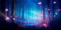 dreamy watercolor background with a blend of blues and purples, creating a mystical forest scene with fireflies and Royalty Free Stock Photo