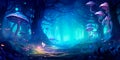 dreamy watercolor background with a blend of blues and purples, creating a mystical forest scene with fireflies and Royalty Free Stock Photo