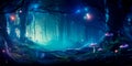 dreamy watercolor background with a blend of blues and purples, creating a mystical forest scene with fireflies and Royalty Free Stock Photo