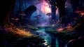 dreamy watercolor background with a blend of blues and purples, creating a mystical forest scene with fireflies and Royalty Free Stock Photo