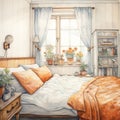 Dreamy Watercolor Bedroom Illustration With Colorful Details