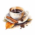 Dreamy Watercolor Illustration Of Coffee Cup With Ginger Nut And Leaves