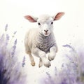 Dreamy Watercolor Lamb Leaping Amidst a Field of Lavender AI Generated