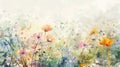 A dreamy watercolor landscape featuring a colorful field of wildflowers in soft muted tones.
