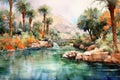 Dreamy Watercolor Oasis: serene panorama featuring a tranquil oasis painted in soft, dreamy watercolor strokes