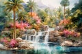 Dreamy Watercolor Oasis: serene panorama featuring a tranquil oasis painted in soft, dreamy watercolor strokes