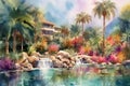 Dreamy Watercolor Oasis: serene panorama featuring a tranquil oasis painted in soft, dreamy watercolor strokes