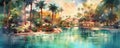 Dreamy Watercolor Oasis: serene panorama featuring a tranquil oasis painted in soft, dreamy watercolor strokes panorama