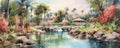 Dreamy Watercolor Oasis: serene panorama featuring a tranquil oasis painted in soft, dreamy watercolor strokes panorama