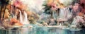 Dreamy Watercolor Oasis: serene panorama featuring a tranquil oasis painted in soft, dreamy watercolor strokes panorama