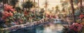 Dreamy Watercolor Oasis: serene panorama featuring a tranquil oasis painted in soft, dreamy watercolor strokes panorama