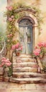 Dreamy Watercolor Painting: Blooming Roses On A Door