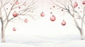 Dreamy Watercolor Snowy Orchard with Christmas Baubles AI Generated