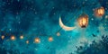 dreamy watercolor starry night sky with crescent moon, floating lanterns