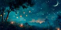 dreamy watercolor starry night sky with crescent moon, floating lanterns