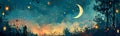 dreamy watercolor starry night sky with crescent moon, floating lanterns