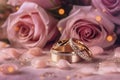 Dreamy wedding scene featuring gold rings, Eustoma roses, and light pink feathers. Royalty Free Stock Photo