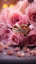 Dreamy wedding scene featuring gold rings, Eustoma roses, and light pink feathers Royalty Free Stock Photo