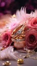 Dreamy wedding scene featuring gold rings, Eustoma roses, and light pink feathers Royalty Free Stock Photo