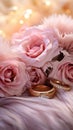 Dreamy wedding scene featuring gold rings, Eustoma roses, and light pink feathers Royalty Free Stock Photo