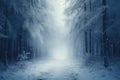 Dreamy winter forest in the fog. Atmospheric mood. Generative AI