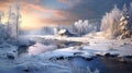 Dreamy Winter House On Frozen River In Quebec Province