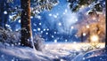 Dreamy winter landscape at Christmas night during snowfall, generated by AI
