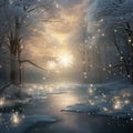 Dreamy Winter Landscape with Intricate Falling Snowflakes