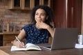 Dreamy young african ethnicity biracial businesswoman looking in distance. Royalty Free Stock Photo