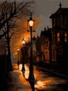 A dreary city illuminated by the eerie glow of pale orange streetlamps casting eerie shadows. Gothic art. AI generation