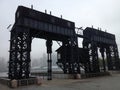 Naval yard architecture on a foggy day