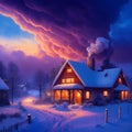 a dreary winter in the countryside where snow covers the home,everywhere and smoke seems to be coming out of the chimneys. Royalty Free Stock Photo