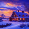 a dreary winter in the countryside where snow covers the home,everywhere and smoke seems to be coming out of the chimneys. Royalty Free Stock Photo