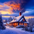 a dreary winter in the countryside where snow covers the home,everywhere and smoke seems to be coming out of the chimneys. Royalty Free Stock Photo