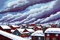 a dreary winter in the countryside where snow covers the home,everywhere and smoke seems to be coming out of the chimneys. Royalty Free Stock Photo