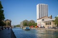 Dredge boat on Ourcq canal, Paris, France