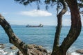 Dredge Brace R leaving Tauranga Harbour with load of sand Royalty Free Stock Photo