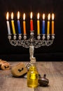 Dreidels and a menorah. Hanukkah Royalty Free Stock Photo