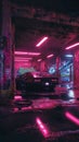 Drenched in neon, a classic car is framed by graffiti and the decaying urban environment of a city underbelly