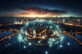 3Drender Global network connection over modern cityscape at night Royalty Free Stock Photo