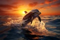 3Drender illustration dolphins jumping in the sea at sunset Royalty Free Stock Photo