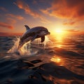 3Drender illustration dolphins jumping in the sea at sunset Royalty Free Stock Photo