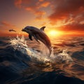 3Drender illustration dolphins jumping in the sea at sunset