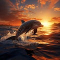 3Drender illustration dolphins jumping in the sea at sunset