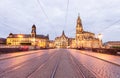 Dresden Augustusbrucke and Neustadt after sunset Royalty Free Stock Photo