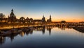 Dresden city skyline at Elbe river and Augustus Bridge at sunset , Dresden, Saxony, Germany. Panoramic evening view of Dresden