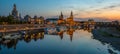 Dresden city skyline at Elbe river and Augustus Bridge at sunset , Dresden, Saxony, Germany. Panoramic evening view of Dresden